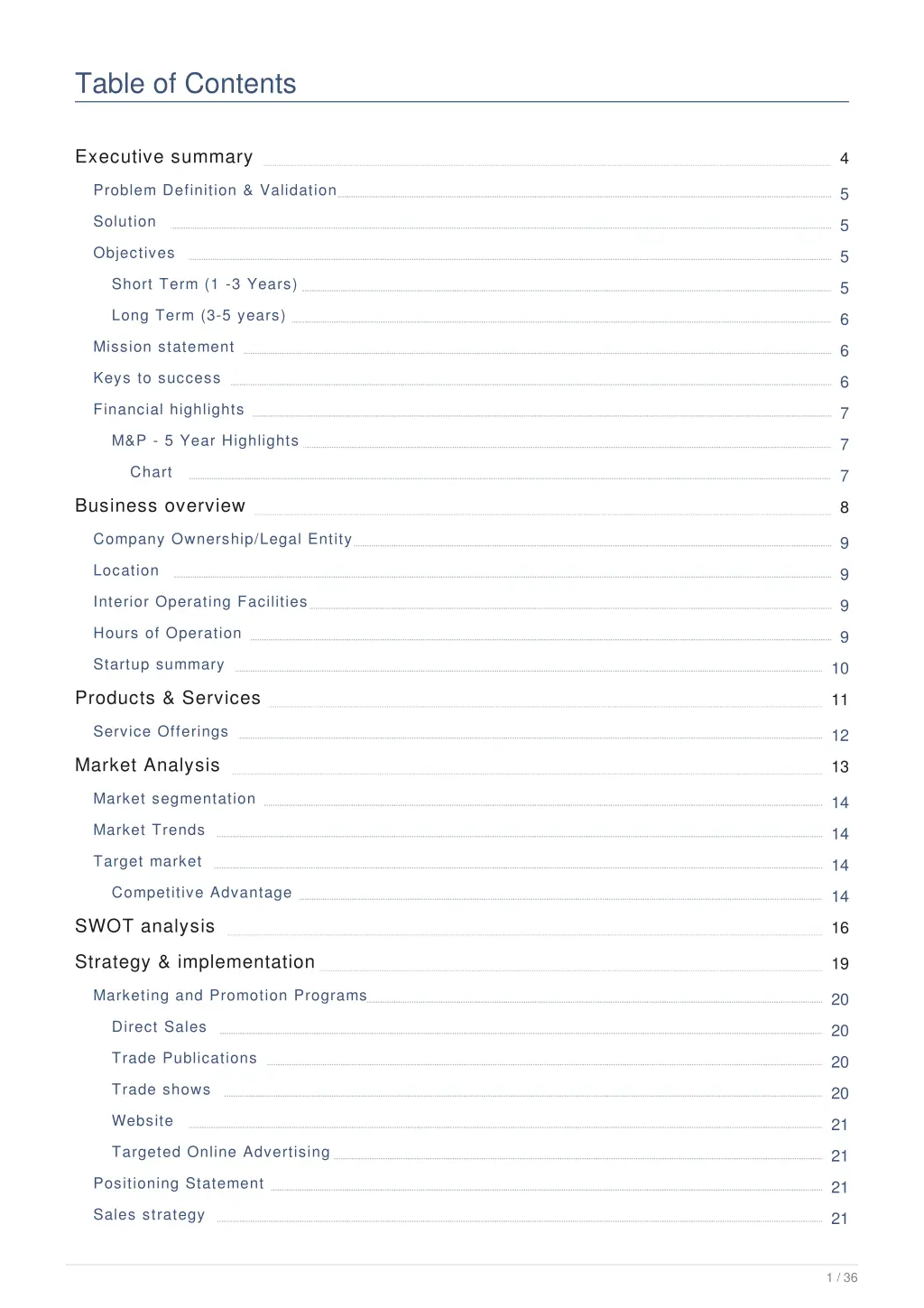 table of contents