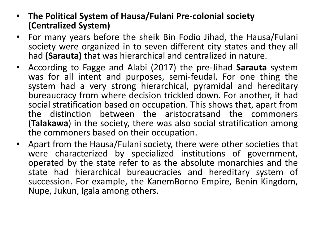 the political system of hausa fulani pre colonial