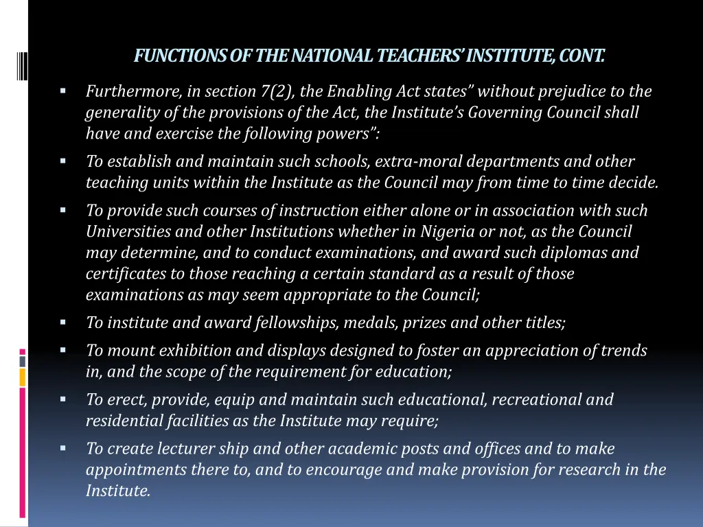 functions of the national teachers institute cont