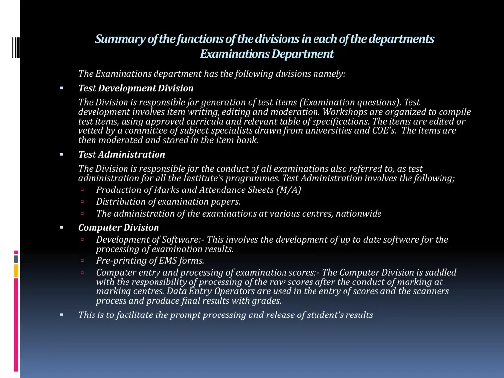 summary of the functions of the divisions in each 1