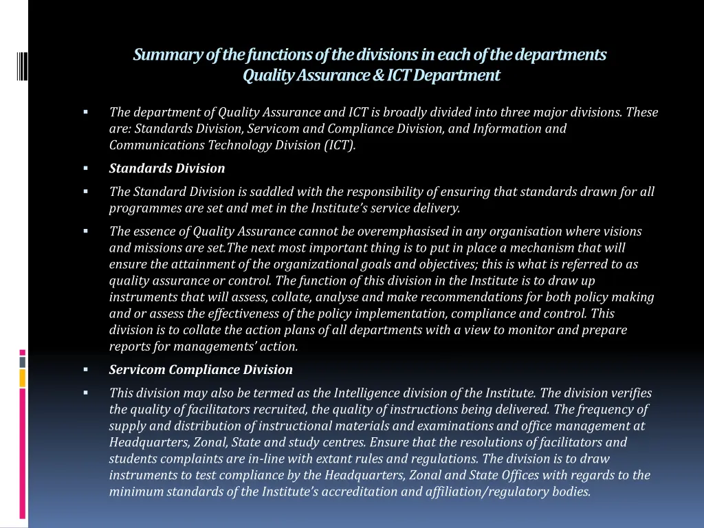 summary of the functions of the divisions in each 10