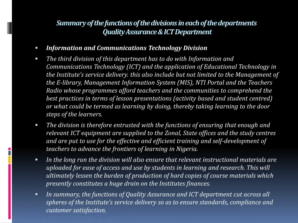 summary of the functions of the divisions in each 11