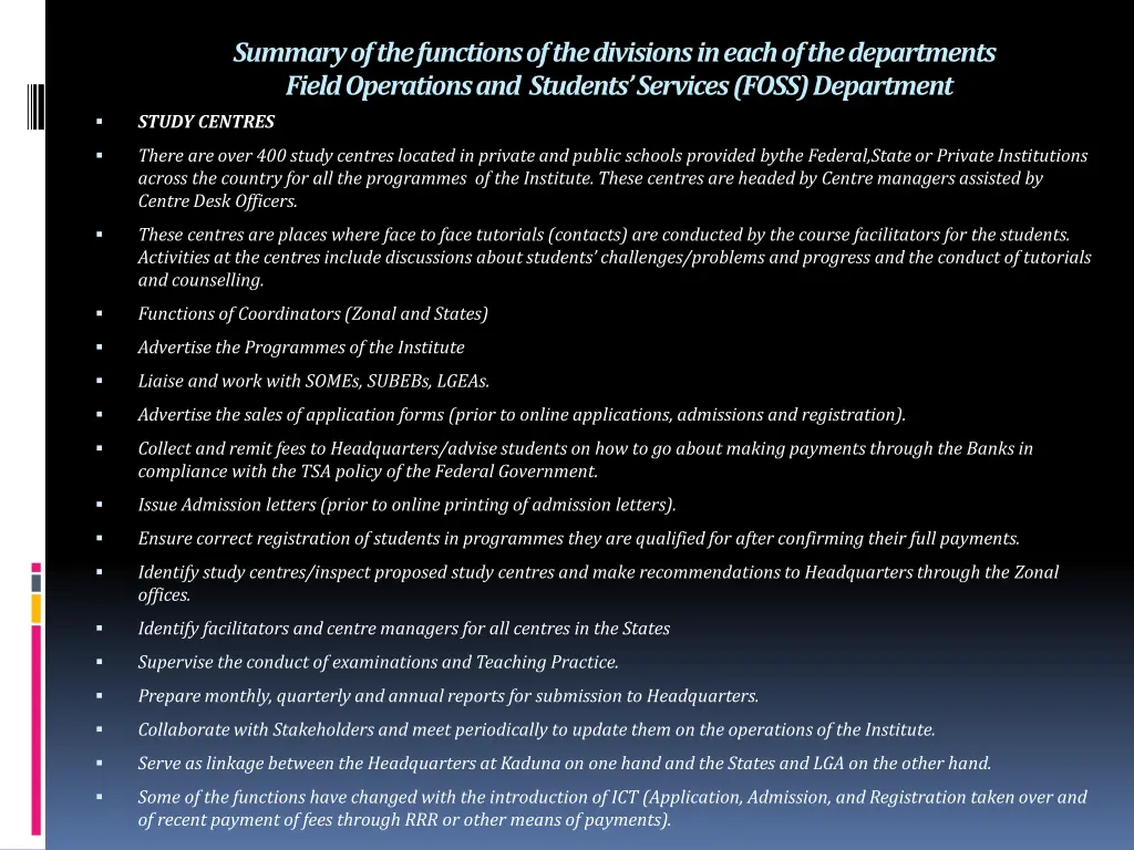 summary of the functions of the divisions in each 5