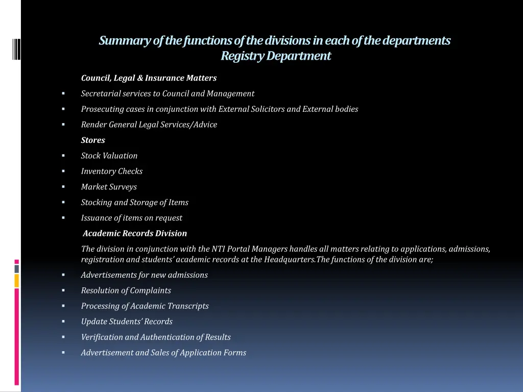 summary of the functions of the divisions in each 9