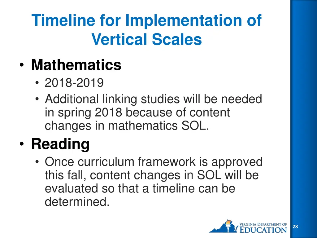 timeline for implementation of vertical scales