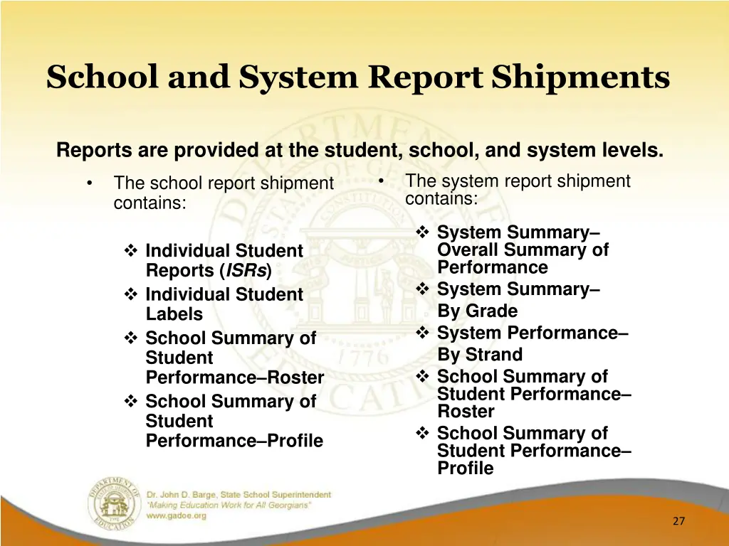 school and system report shipments