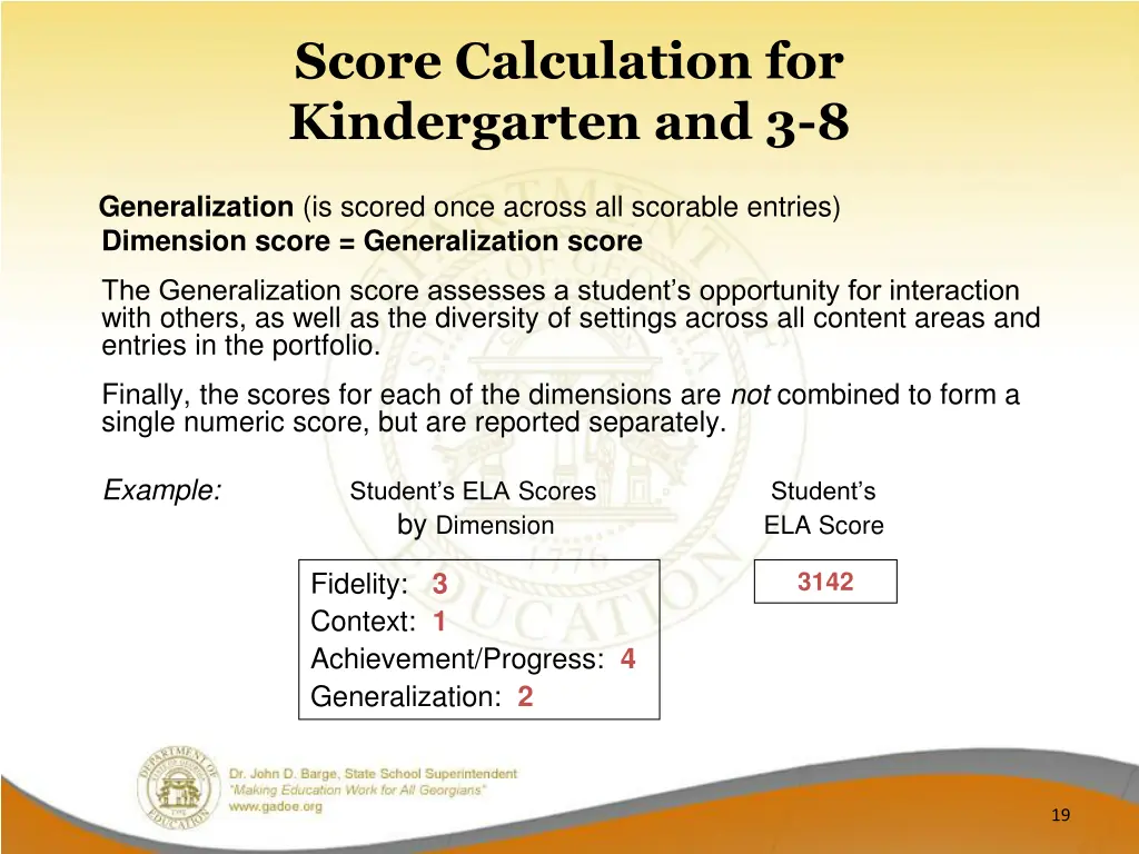 score calculation for kindergarten and 3 8