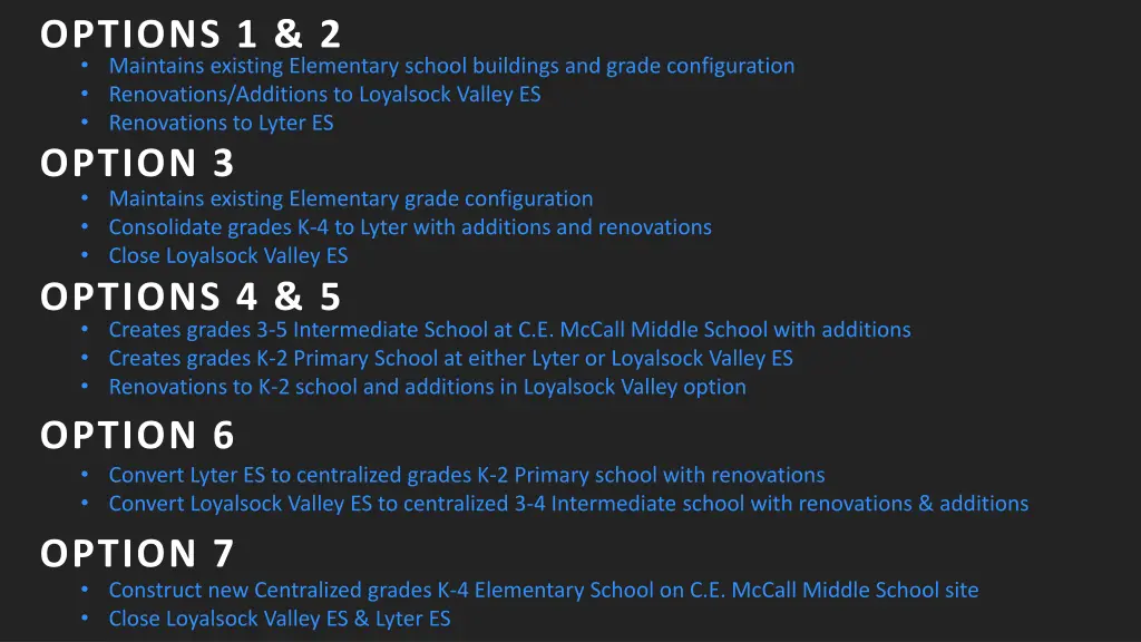 options 1 2 maintains existing elementary school