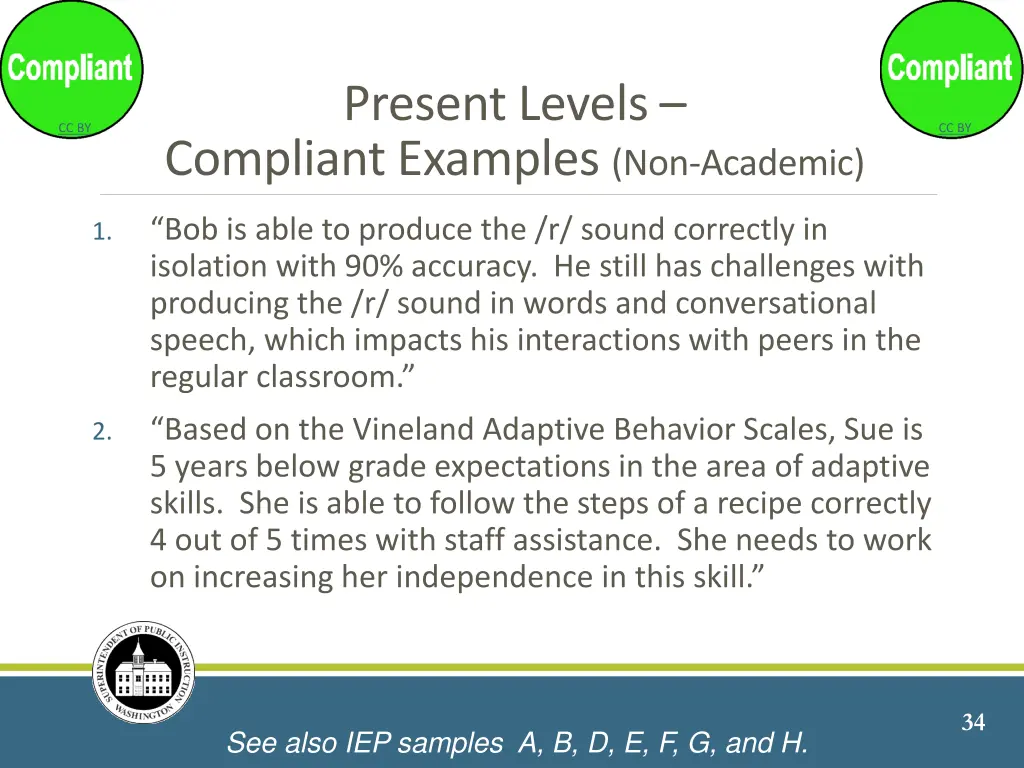 present levels compliant examples non academic