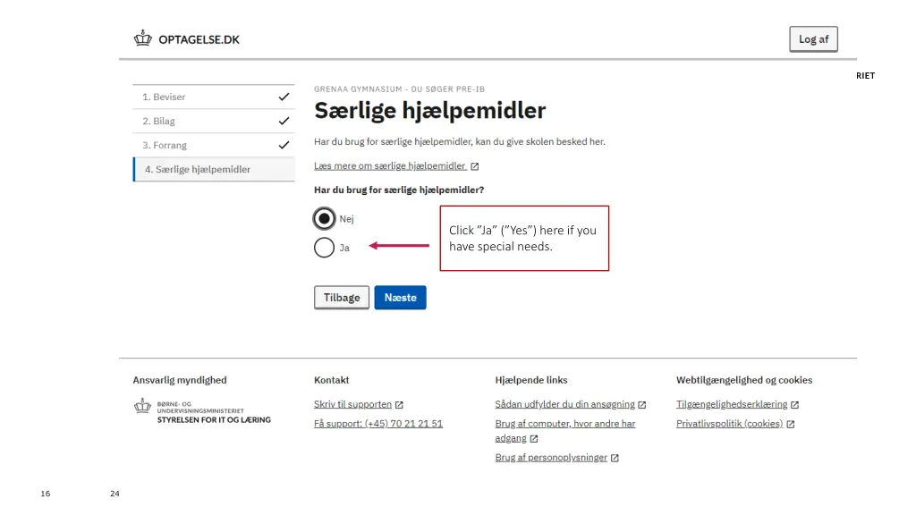 click ja yes here if you have special needs