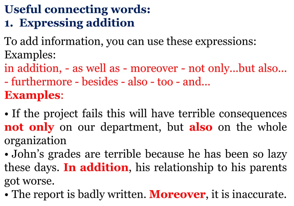 useful connecting words 1 expressing addition