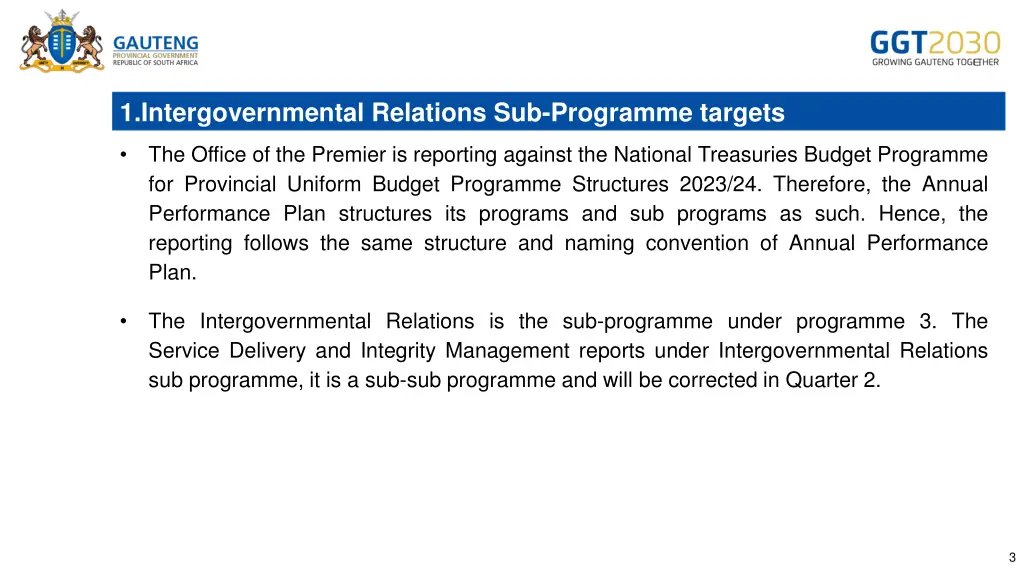 1 intergovernmental relations sub programme