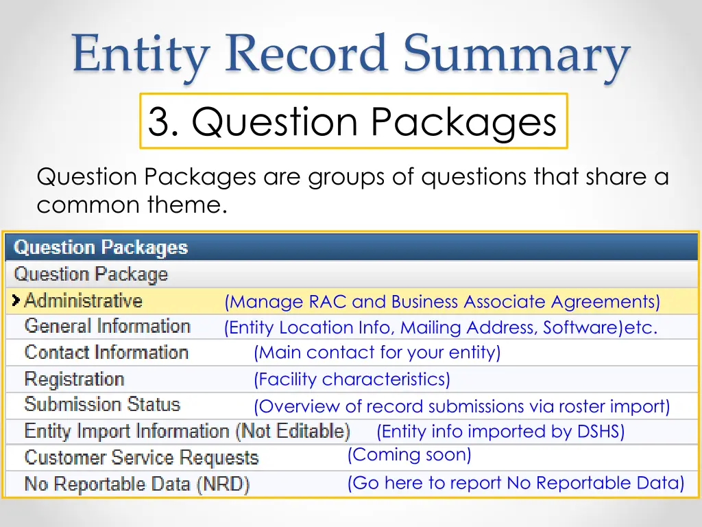 entity record summary 3 question packages