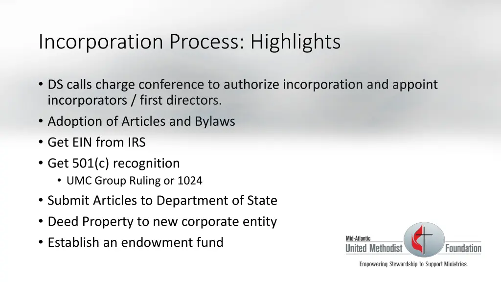 incorporation process highlights