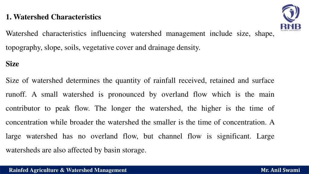 1 watershed characteristics