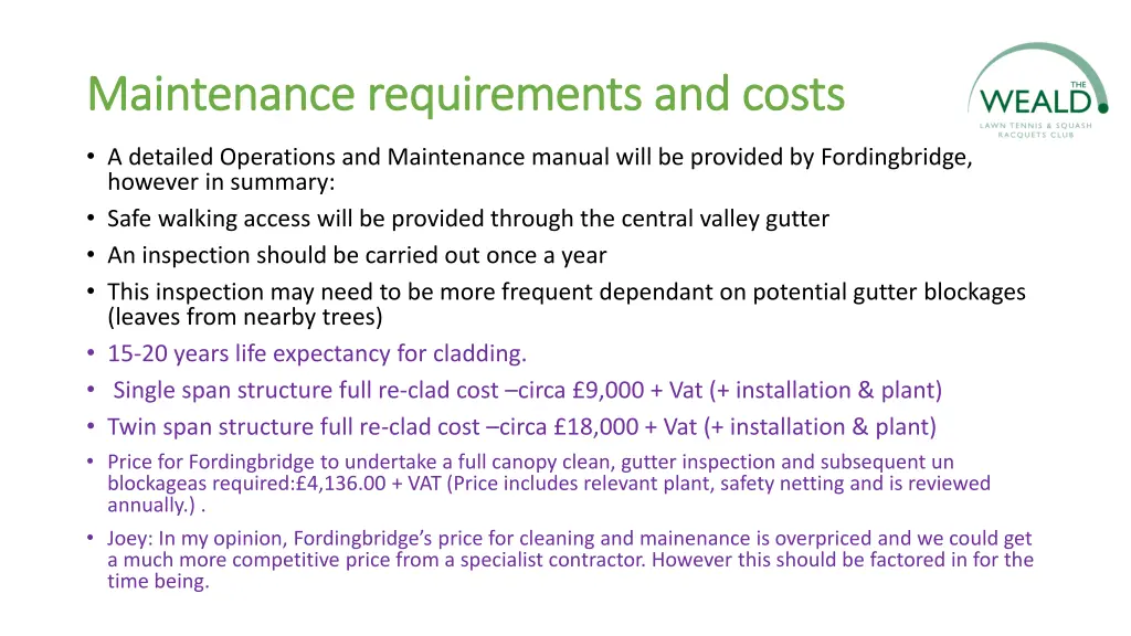 maintenance requirements and costs maintenance