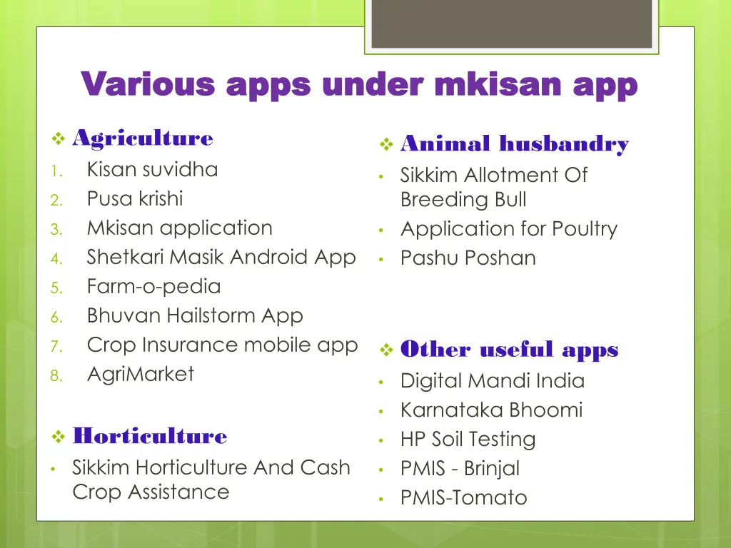 various apps under mkisan app various apps under