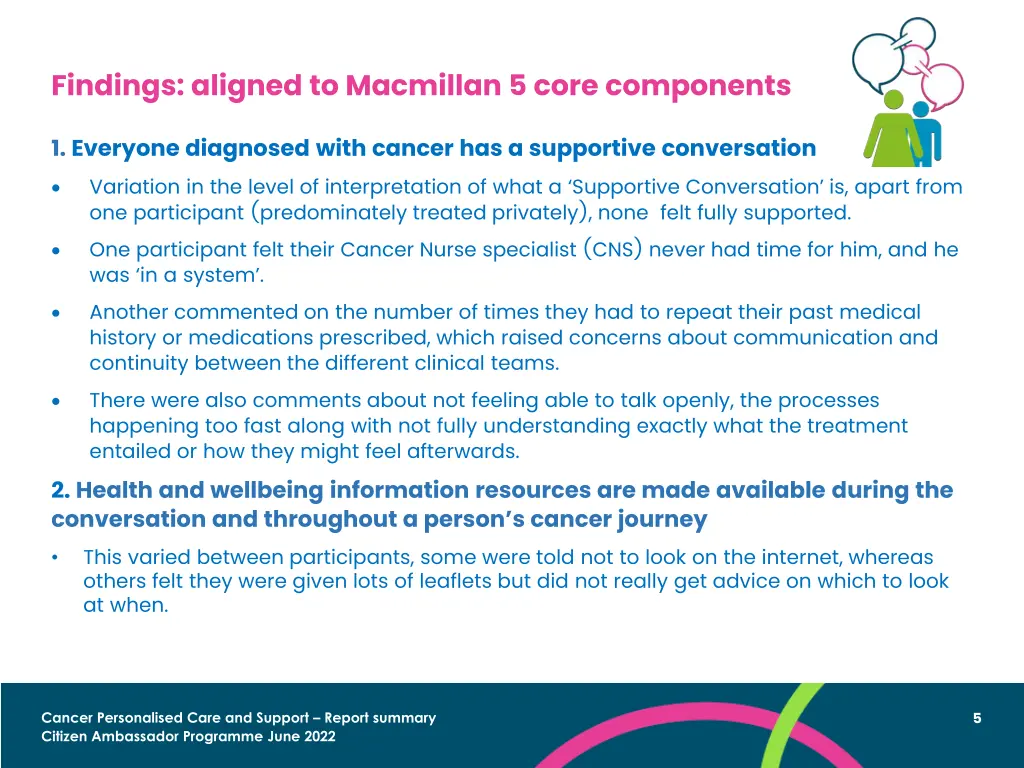 findings aligned to macmillan 5 core components