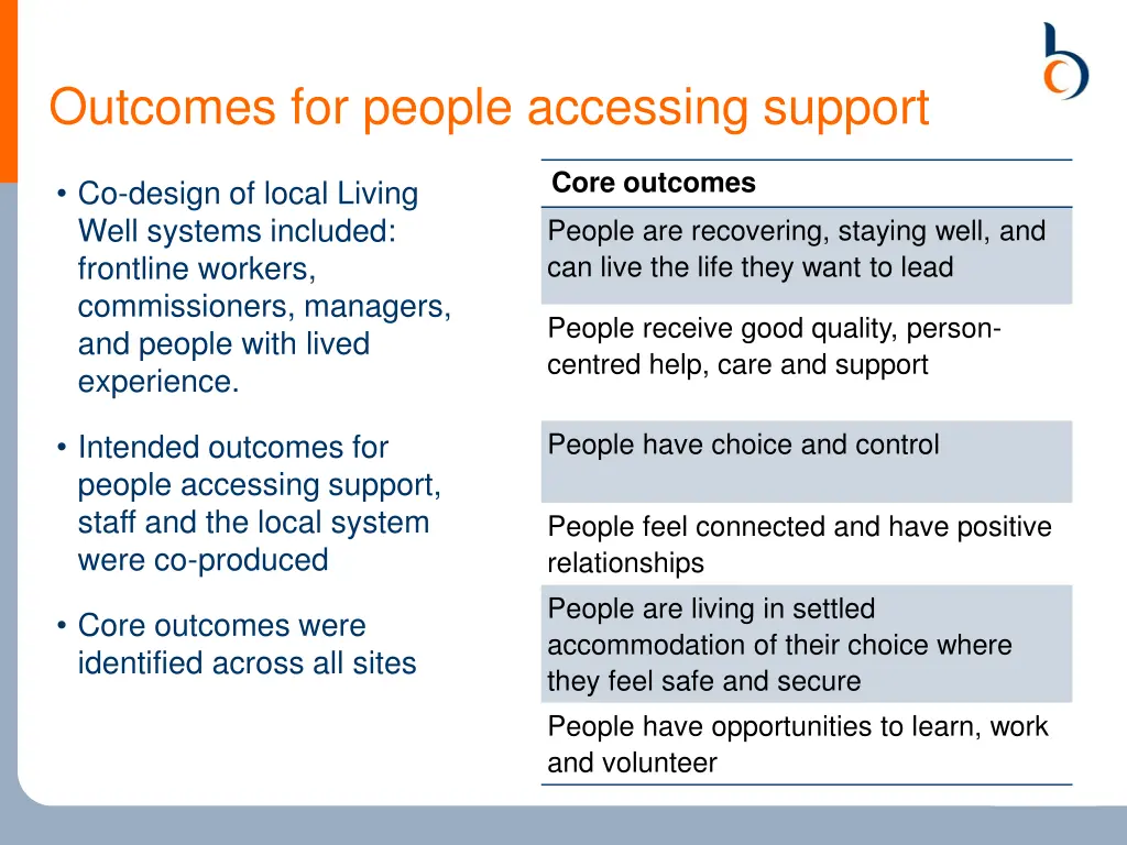 outcomes for people accessing support