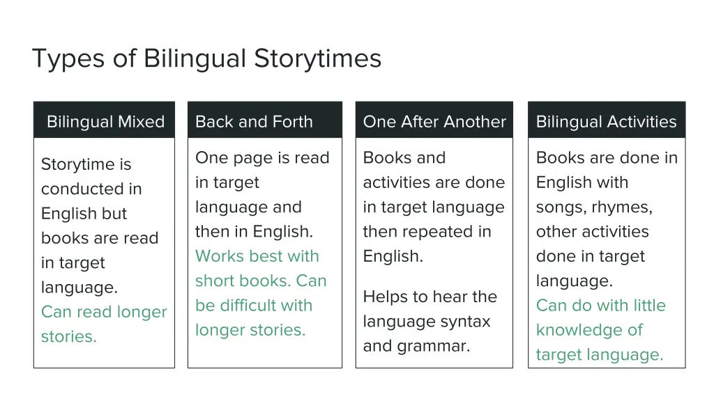 types of bilingual storytimes