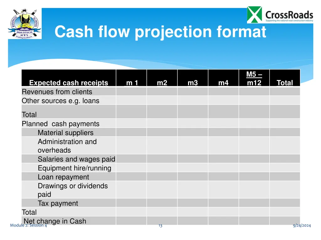 cash flow projection format