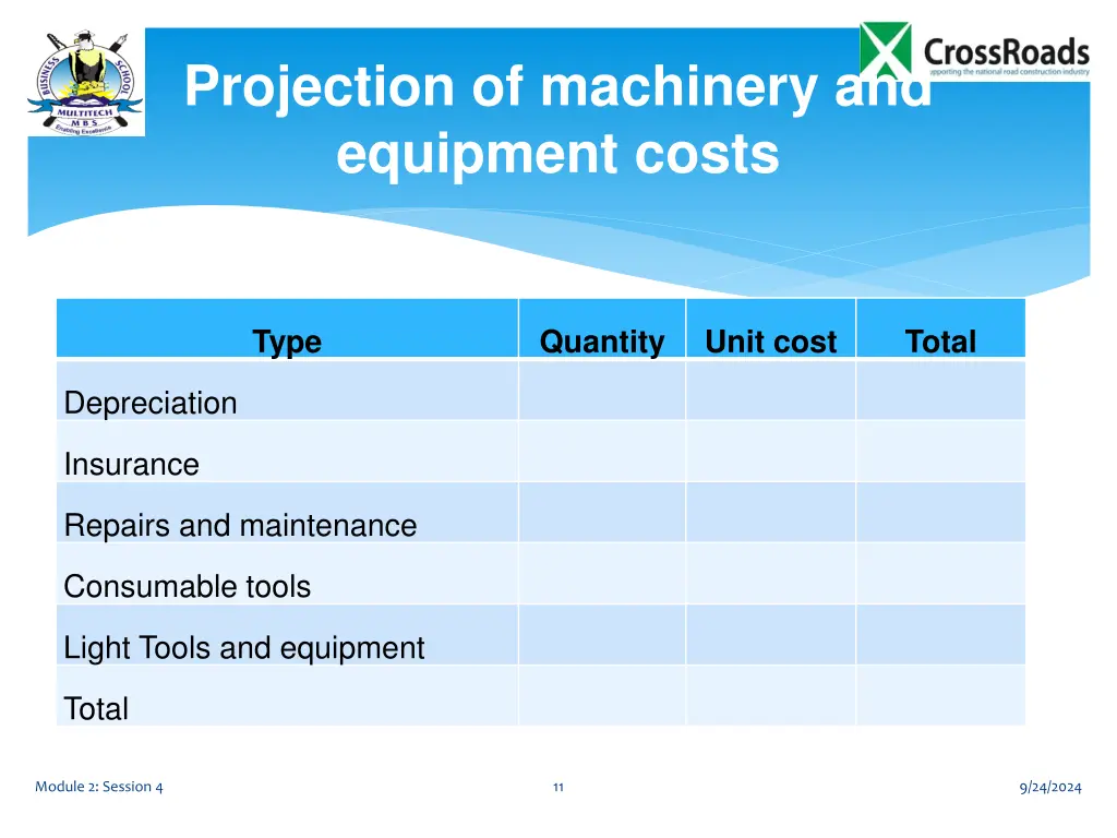 projection of machinery and equipment costs