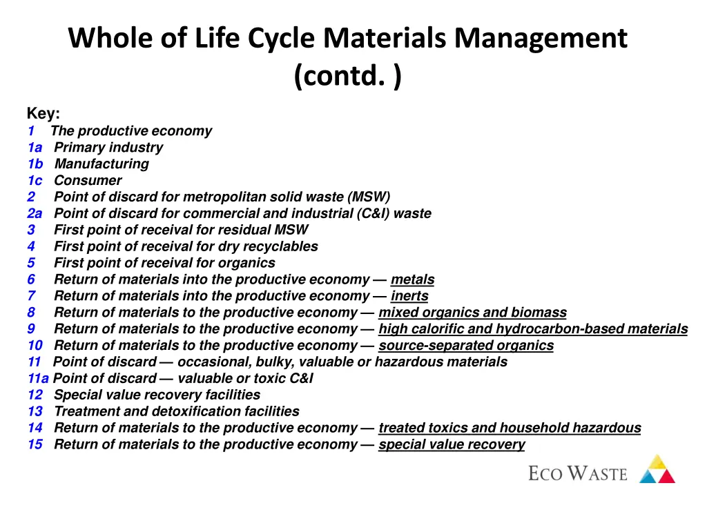 whole of life cycle materials management contd