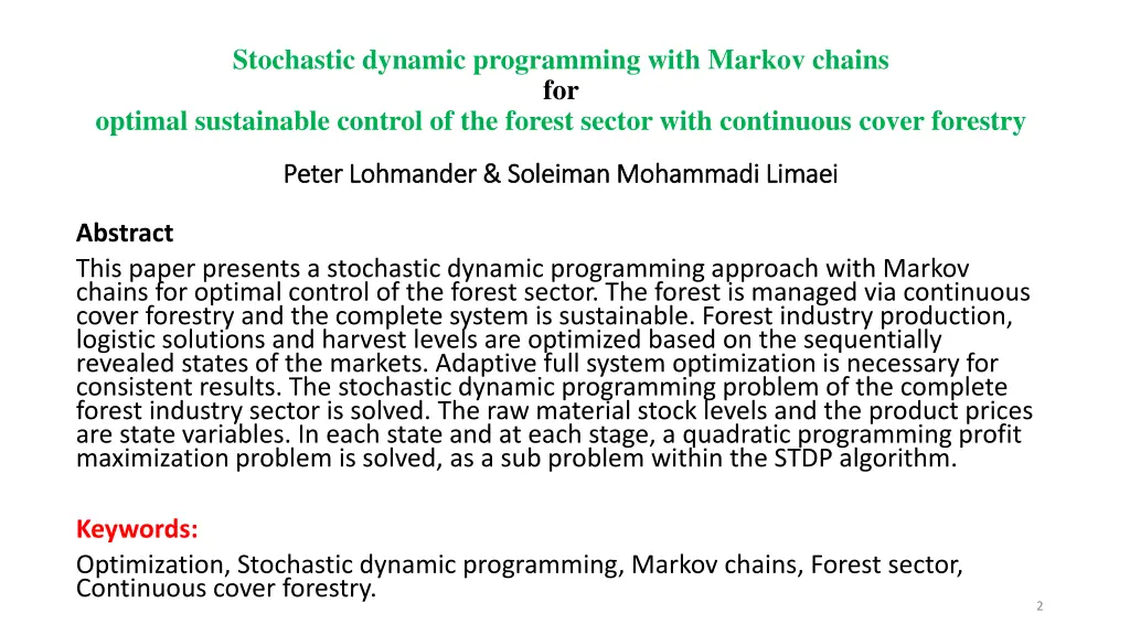 stochastic dynamic programming with markov chains 1