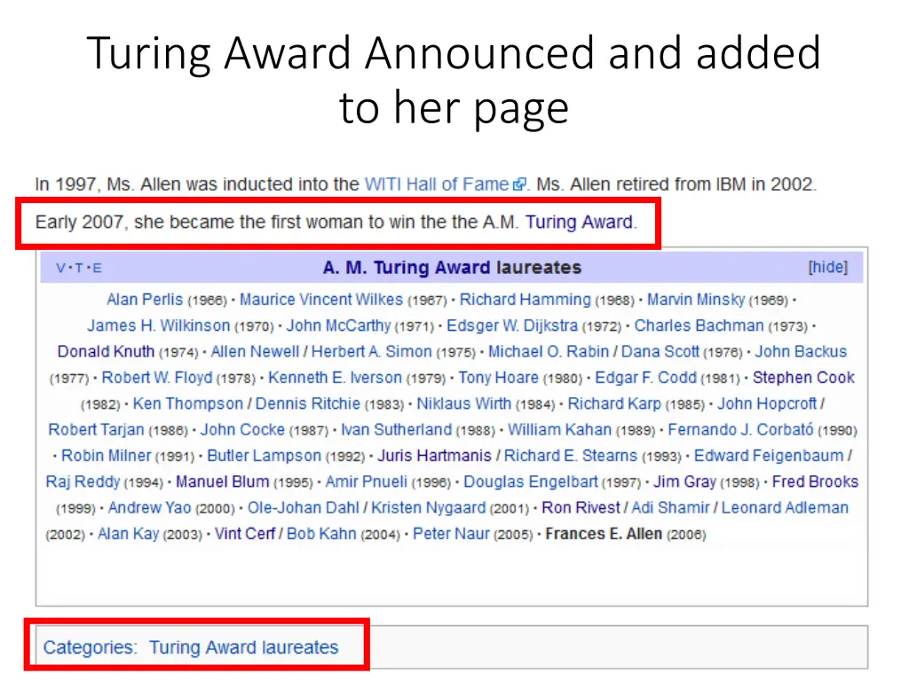 turing award announced and added to her page