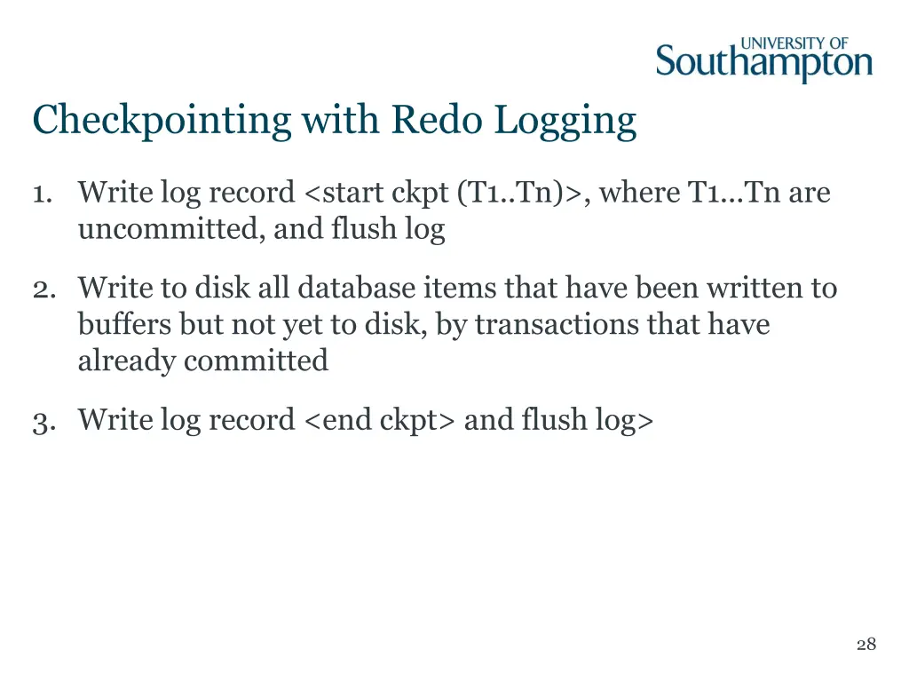 checkpointing with redo logging