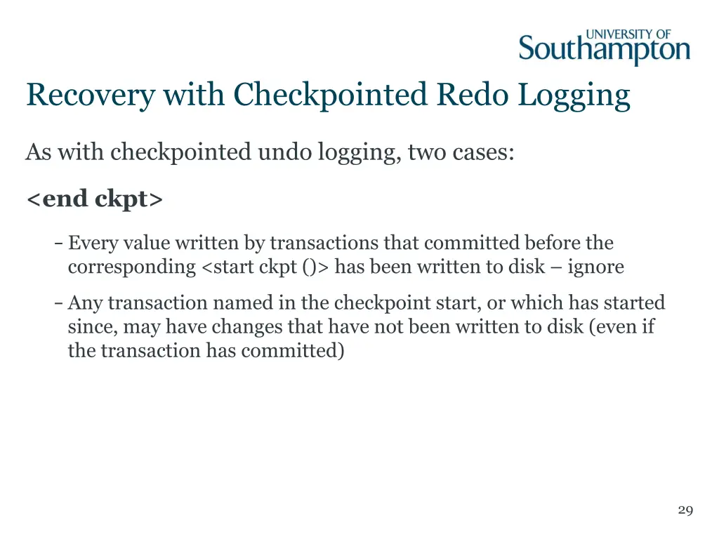 recovery with checkpointed redo logging