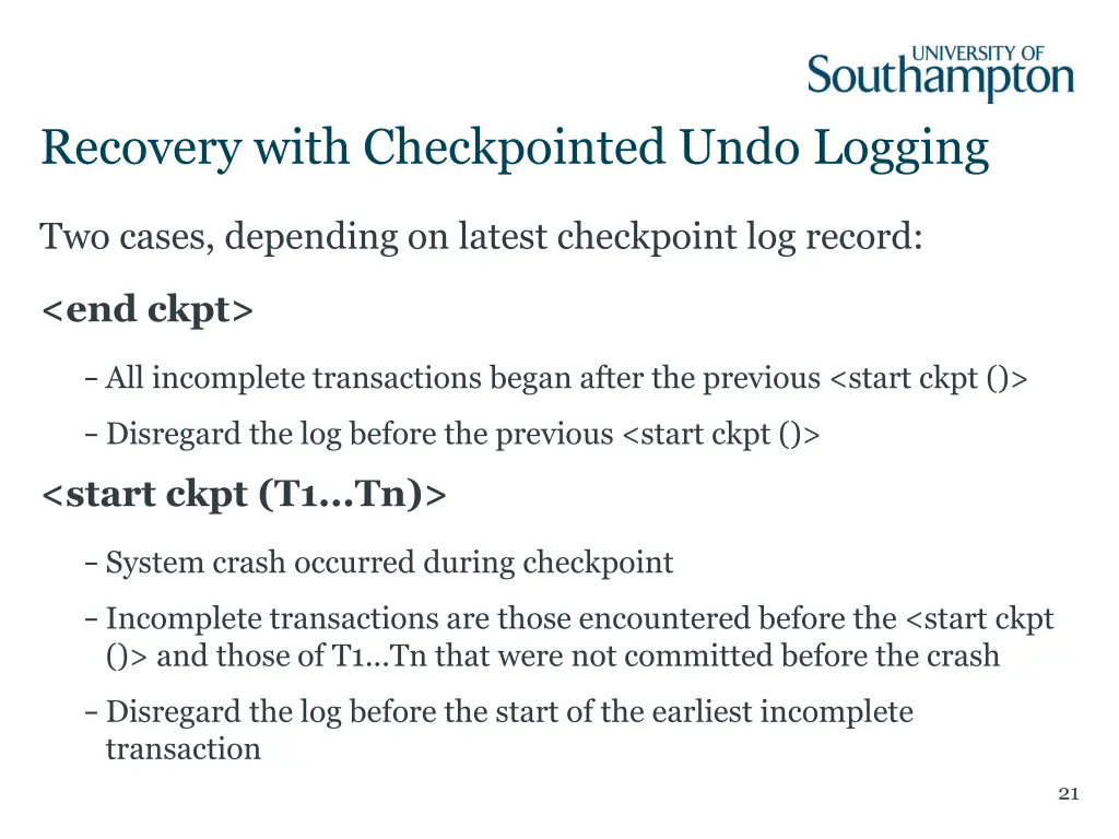 recovery with checkpointed undo logging