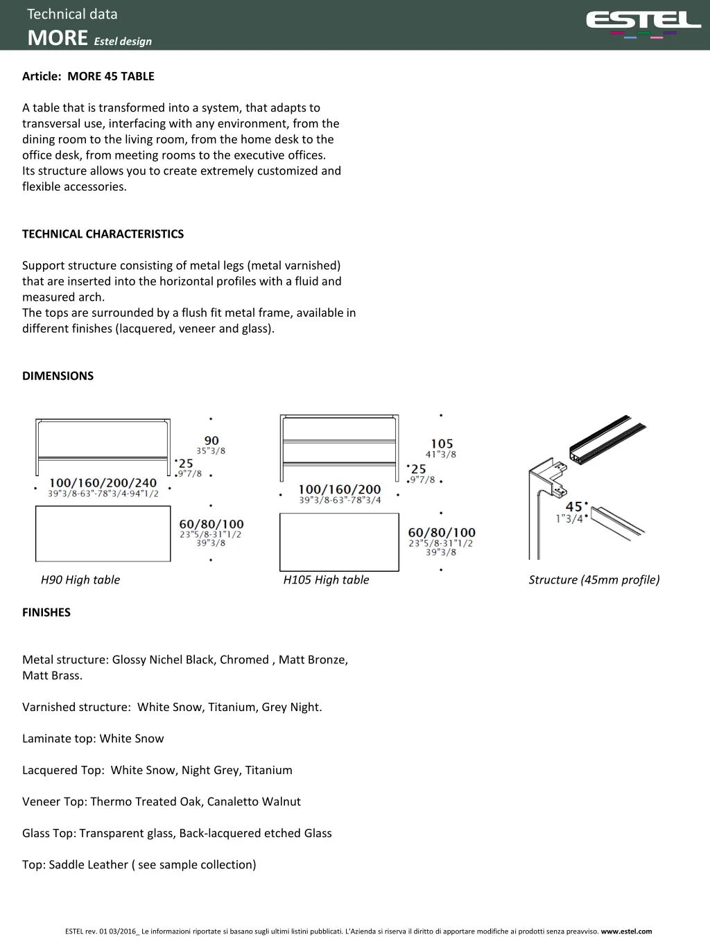 technical data more estel design 2