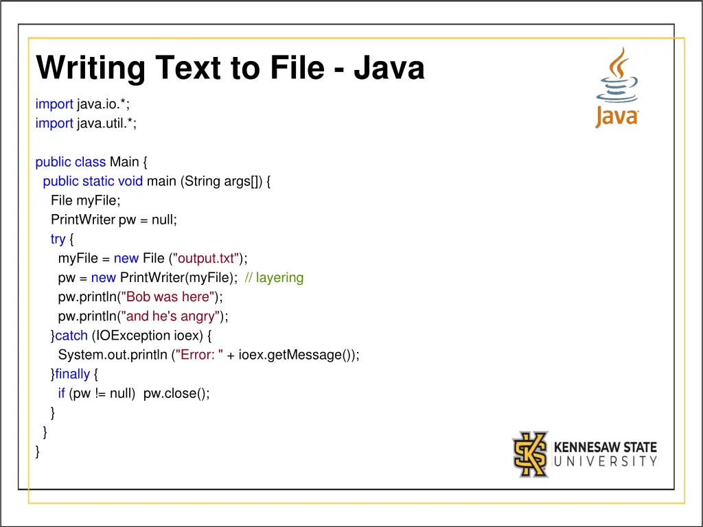 writing text to file java