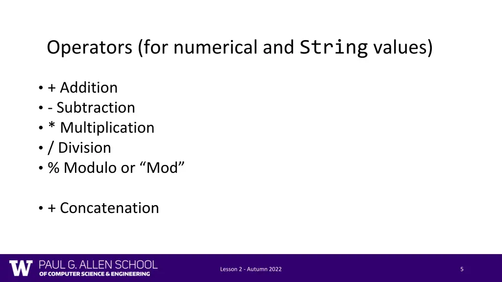 operators for numerical and string values