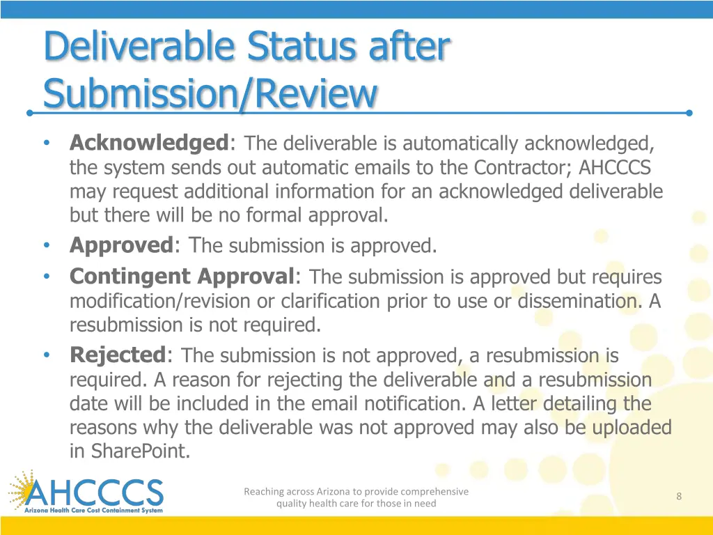 deliverable status after submission review