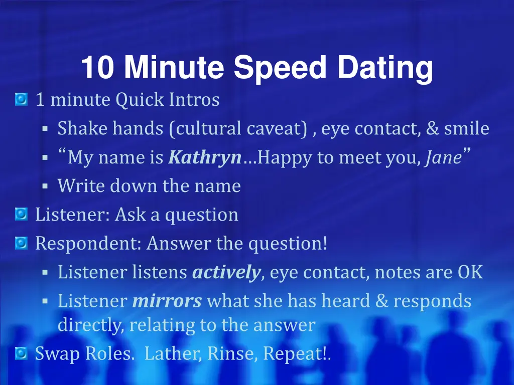 10 minute speed dating 1 minute quick intros