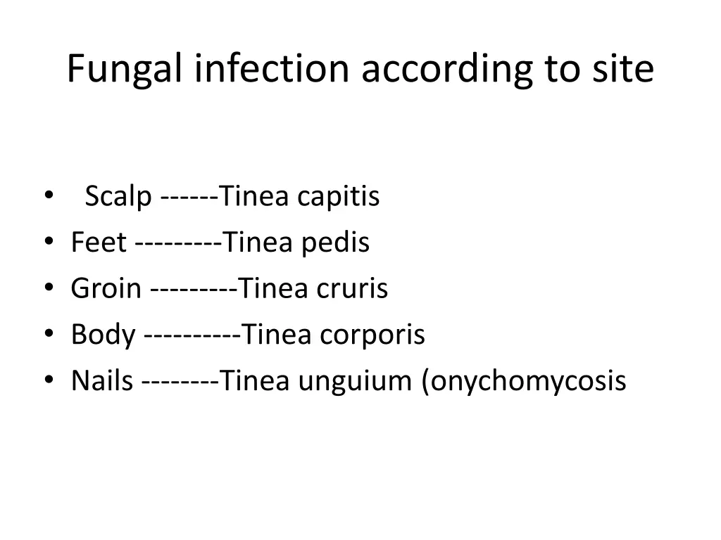 fungal infection according to site