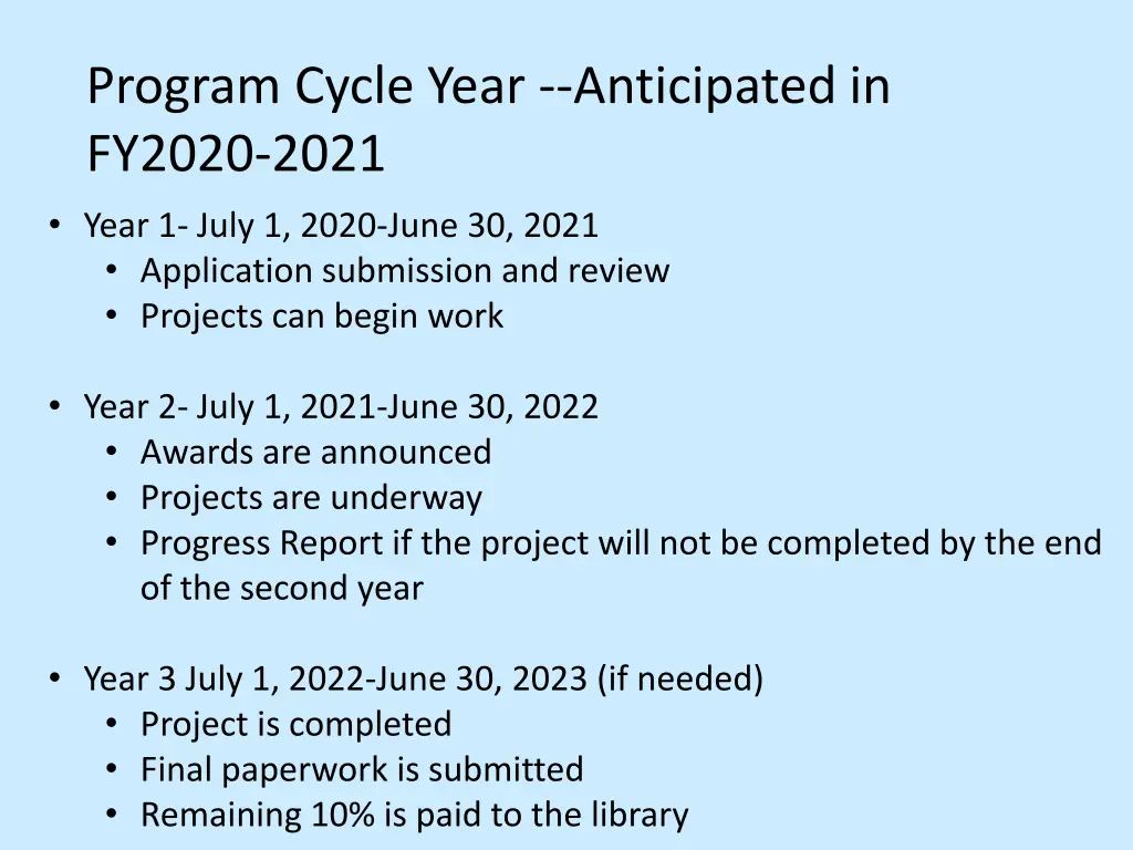 program cycle year anticipated in fy2020 2021