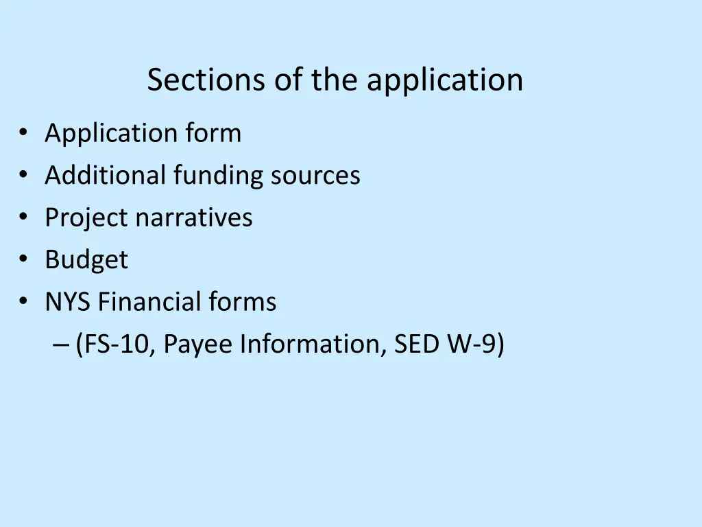 sections of the application