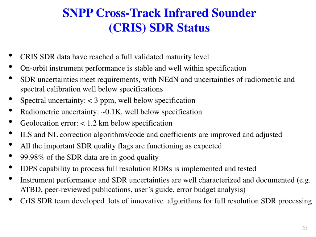 snpp cross track infrared sounder cris sdr status