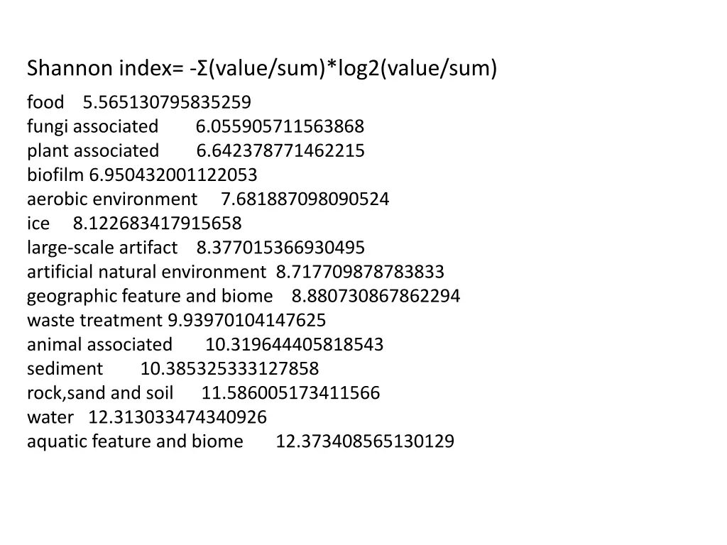 shannon index value sum log2 value sum