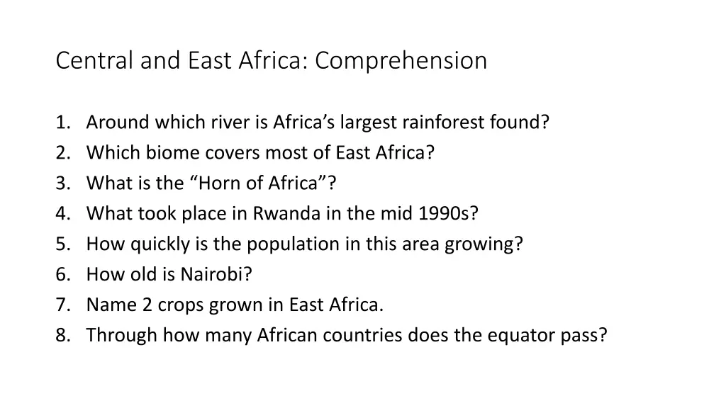 central and east africa comprehension