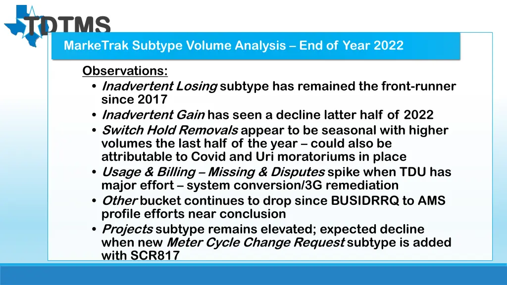 tdtms tdtms marketrak subtype volume analysis