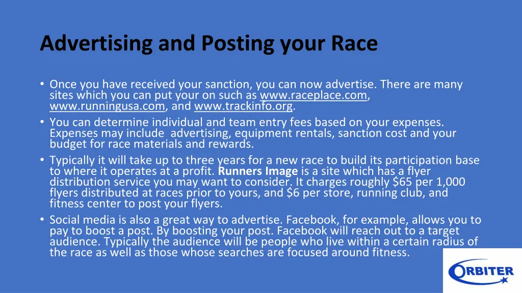 advertising and posting your race