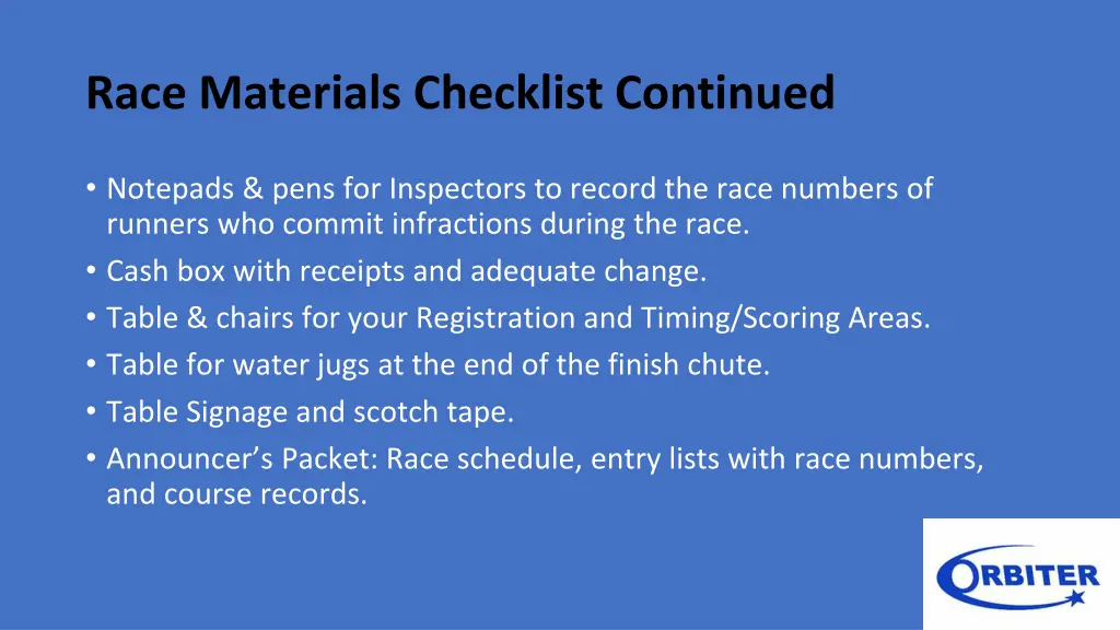 race materials checklist continued