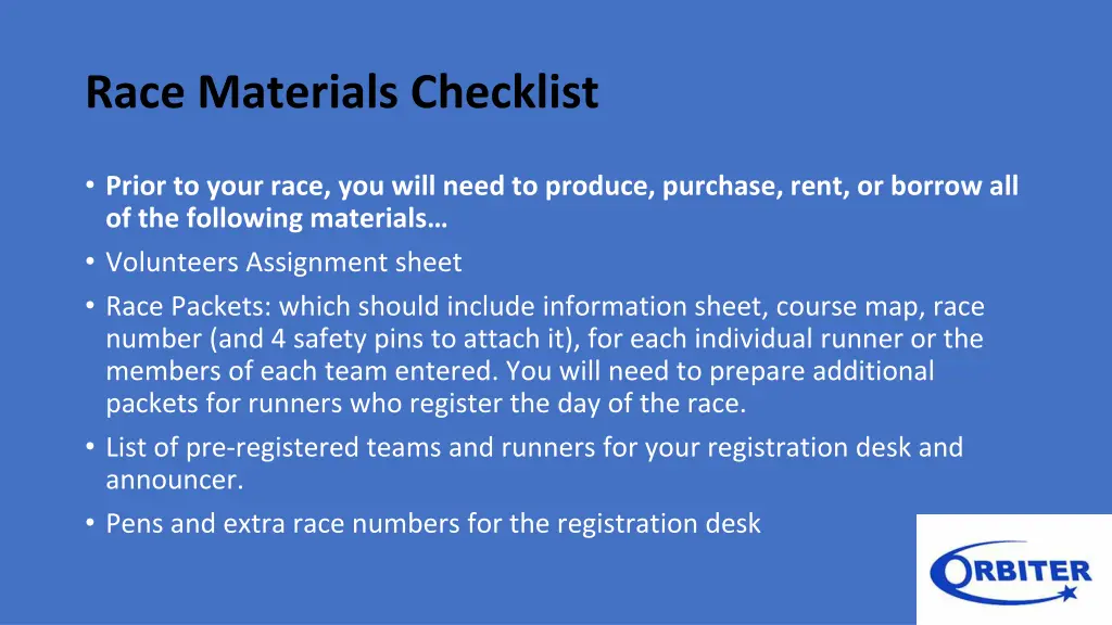 race materials checklist