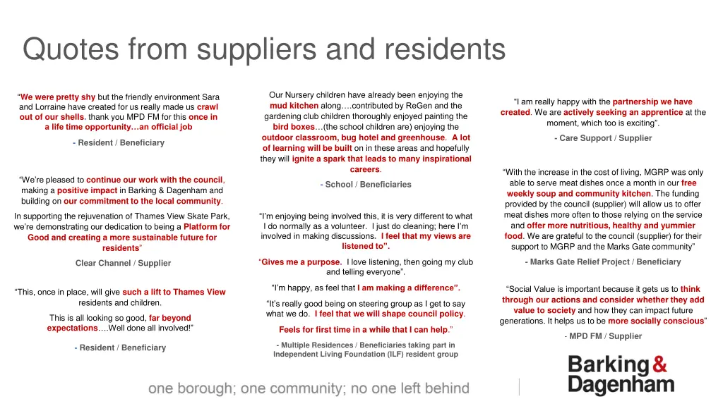 quotes from suppliers and residents