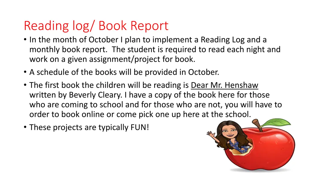 reading log book report in the month of october