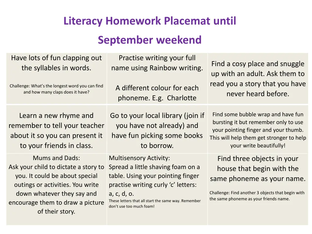 literacy homework placemat until